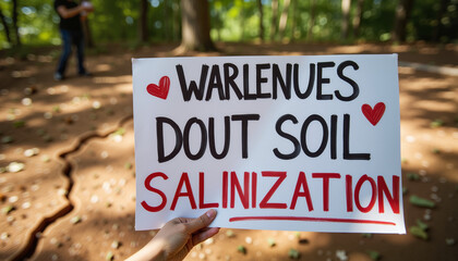 Fototapeta premium Protest sign against soil salinization held in a rural area, raising awareness of environmental and agricultural challenges