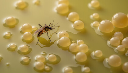Aedes aegypti mosquito on bacterial colonies, symbolizing the spread of infectious diseases such as Zika, dengue, chikungunya, and yellow fever