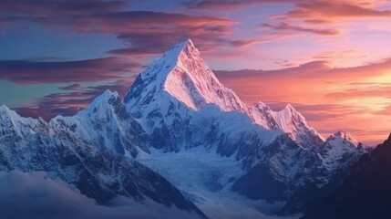 Obraz premium Panoramic view to summit Ama Dablam and snow peaks with beautiful light after sunset in Nepal