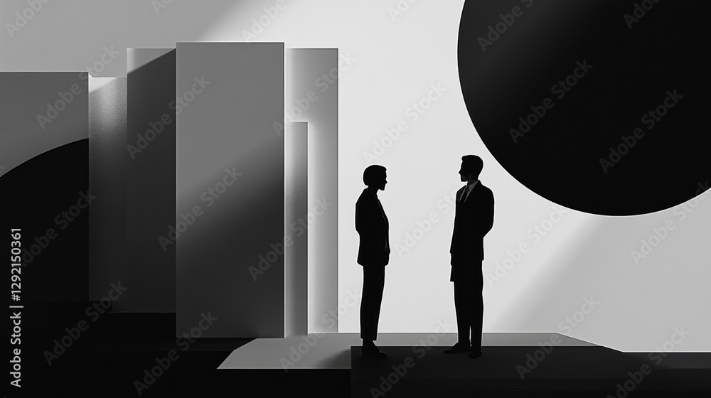 Poster business negotiation taking place between two silhouetted figures in a minimalistic setting with geo