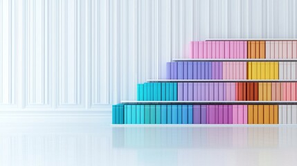 Obraz premium Colorful books on shelves in a white room; education, knowledge concept