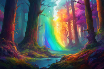Colorful illustration of forest and river. Fairytale landscape. Hallucinations.