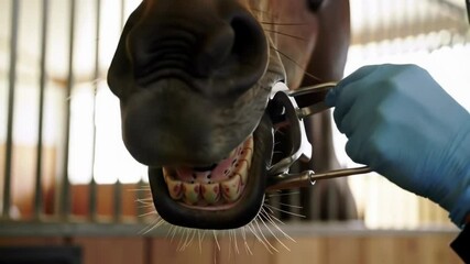 Close-up of veterinarian hands wearing blue gloves and carefully examining horse mouth and teeth with medical instruments in stable, promoting optimal dental care, maintaining hygiene for the animal