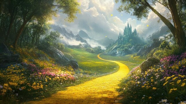 Enchanted yellow brick road leading to magical emerald city in springtime , Fantasy, Oz, Magicians