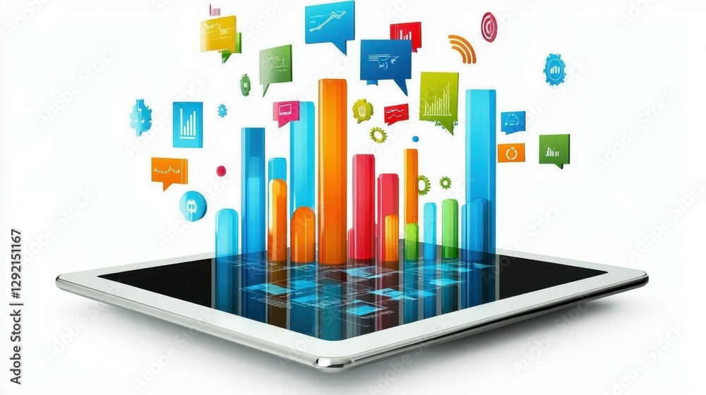 Fototapete tablet device with graphics of data flowing outwards, business intelligence concept