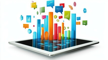 Tablet device with graphics of data flowing outwards, business intelligence concept