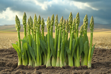 Vibrant Asparagus Sprouts Emerging from Rich Soil Under Dramatic Skies