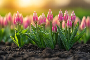 Obraz premium Delicate Pink Tulips Emerging from Rich Dark Soil at Sunrise