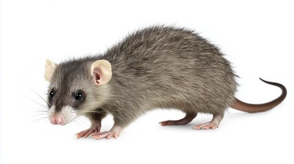 small grey opossum standing on white surface with curious expression and soft fur in minimal style concept for wildlife, zoology, petcare