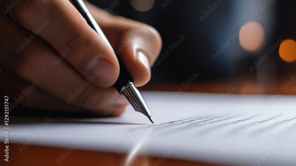 Fototapete writing with a pen on a white sheet of paper in dimly lit surroundings. generative ai