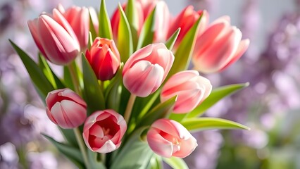Fototapeta premium Serene Beauty Fresh Tulip Bouquet in Soft Daylight with Lavender Background