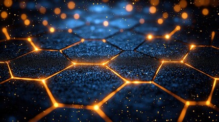 Abstract hexagonal network, glowing golden lines, dark blue background, digital technology