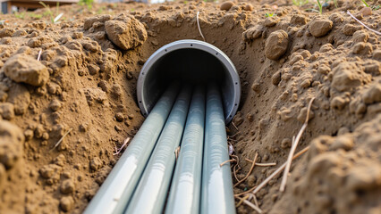 Underground PVC pipes, buried installation, construction site, natural soil colors, copy space