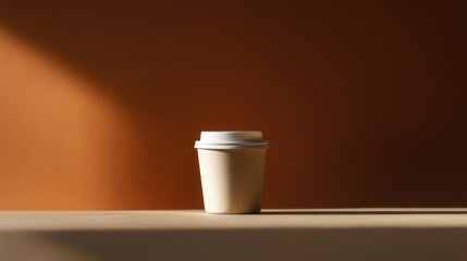 A single coffee cup with a lid sits on a table with a warm brown background, offering a minimalistic and inviting feel for coffee enthusiasts and lovers