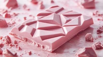 Geometric ruby chocolate bar on pink background with textured chunks