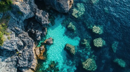Aerial of Cliff Landscape and Turquoise Crystal Clear Water In El Nido, Palawan, Philippines. Beautiful Vacation Travel Destination