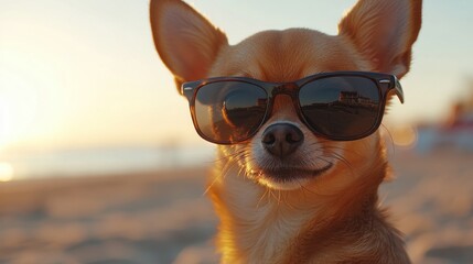 Chihuahua in sunglasses enjoying sunny beach at sunset