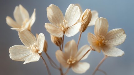 Obraz premium Close-up of delicate beige flowers with soft blue background