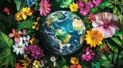 A vibrant globe surrounded by colorful flowers and leaves, symbolizing environmental beauty and diversity.