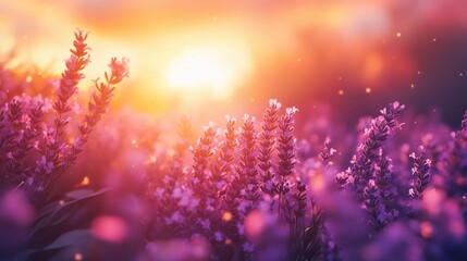 Lavender field at sunset with golden glow and bokeh effects