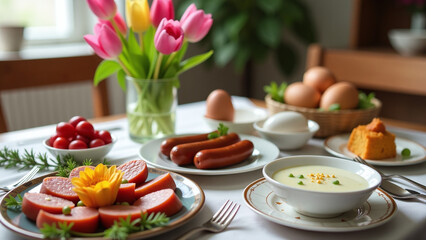 traditional polish easter dinner features spring flowers sausage eggs white borscht festive table setting