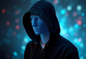 Person in hoodie with mysterious mood looking forward against a blurred colorful background