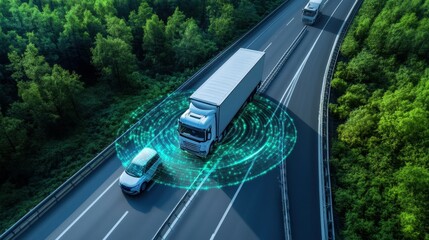 Obraz premium Aerial top view of car and truck driving on highway road in green forest Sustainable transport Drone view of hydrogen energy truck and electric vehicle driving on asphalt road through : Generative AI