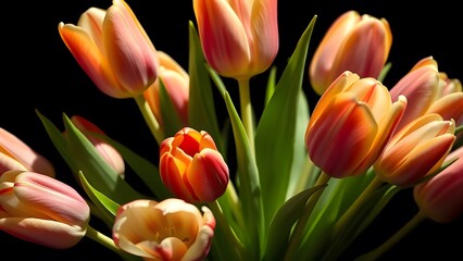 Naklejka premium Vibrant Tulip Bouquet in Soft Daylight High Contrast Drama in Black and Gold