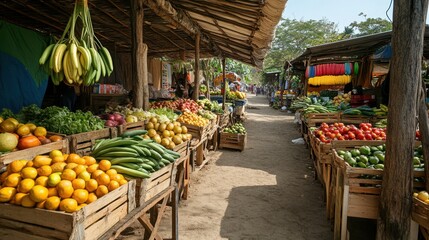 Obraz premium A vibrant market filled with fresh fruits and vegetables in wooden crates under a sunny canopy.