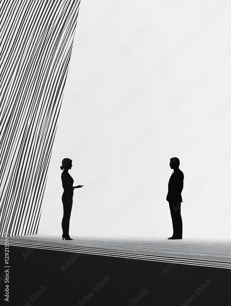 Poster business negotiation between two professionals in a modern setting with contrasting silhouettes and 