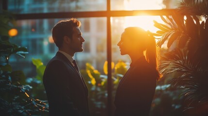 Silhouetted meeting: caucasian male and female professionals at sunset