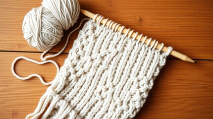 Knitting project in progress with textured stitch pattern and a light yarn against a wooden surface.