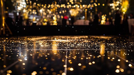 Naklejka premium Sparkling Golden Glitter Floor Night Party Background Elegant Festive Shimmering Luxury Celebration Event Design Abstract Texture Golden Lights Bokeh 