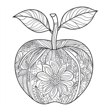 Ornamental Apple Coloring Page, Detailed Fruit Design, Coloring Book Illustration, Suitable for Educational Use