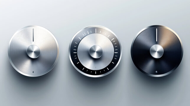 Volume control knobs, round switches with sound level dial. Vector realistic set of 3d audio tuners, metal and white circle regulators of loud or power isolated on background