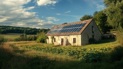 Obraz premium Panneaux solaires sur hangar agricole