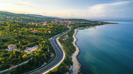 Driving on a coast road. Aerial view of a car driven on an amazing curved waving road at the Sea shore in Balchik sea resort in Bulgaria.