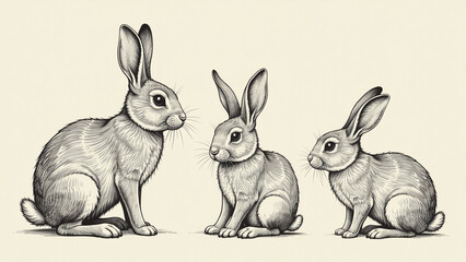 Obraz premium vintage style drawings rabbits sketchy vintage art style ink