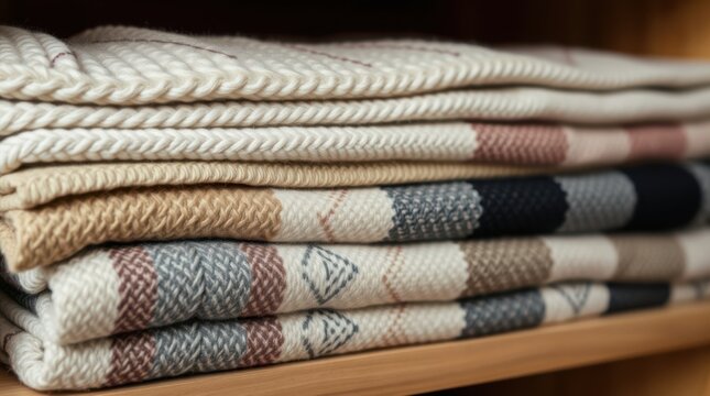 Stack of warm blankets neatly folded on a wooden shelf, cozy home textiles with stripe and patterned designs.