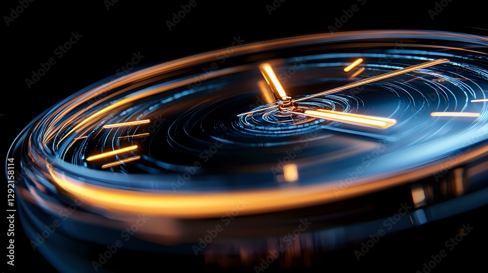 Poster glowing circular lines with golden light trails creating dynamic motion effect against dark backgrou