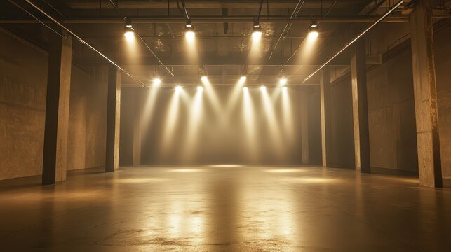 Lights shine brightly in an empty industrial space or warehouse