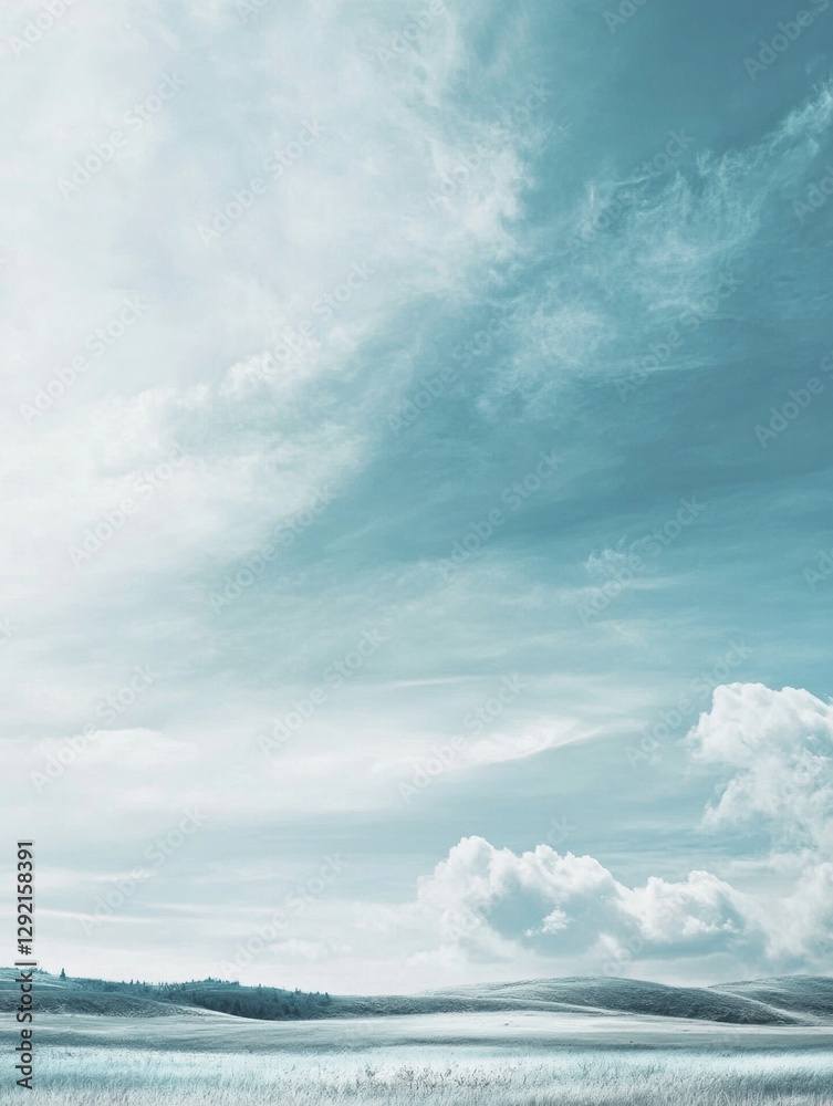 Poster peaceful winter landscape with soft clouds and gentle hills during the day. generative ai