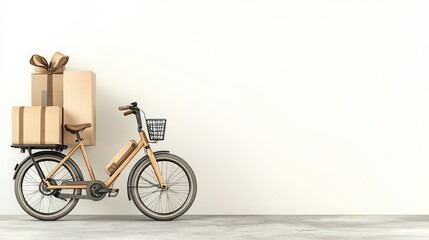 Fototapeta premium The startup focuses on green business solutions for a sustainable future. Delivery bike with gifts against a plain wall background.