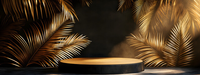 Black background podium with golden palm leaves
