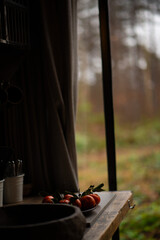 Country kitchen in a cozy forest hut. beautiful wooden countertop in the interior, for product installation
