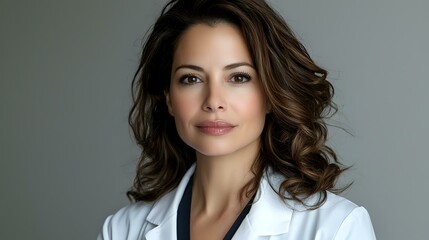 Fototapeta premium Young Hispanic female medical professional with wavy brown hair wearing white lab coat and confident expression against gray studio background. Professional healthcare portrait.