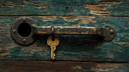 Antique key in a weathered wooden door