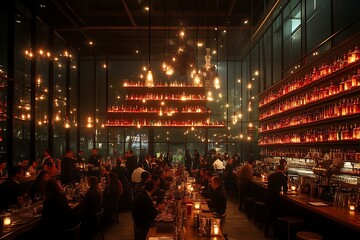 Naklejka premium Night bar scene, filled patrons, whiskey bottles, city view