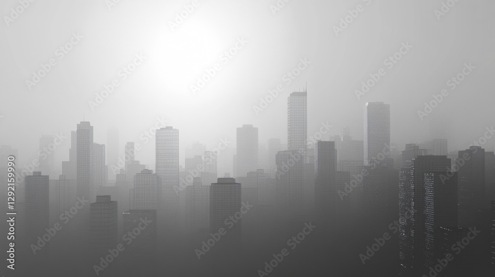 Poster city engulfed in heavy gray smog with silhouettes of buildings fading into haze against a text space