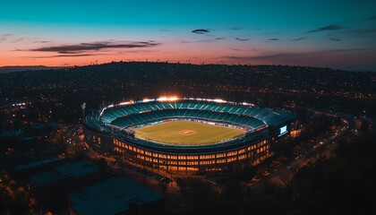 Night baseball stadium, city view